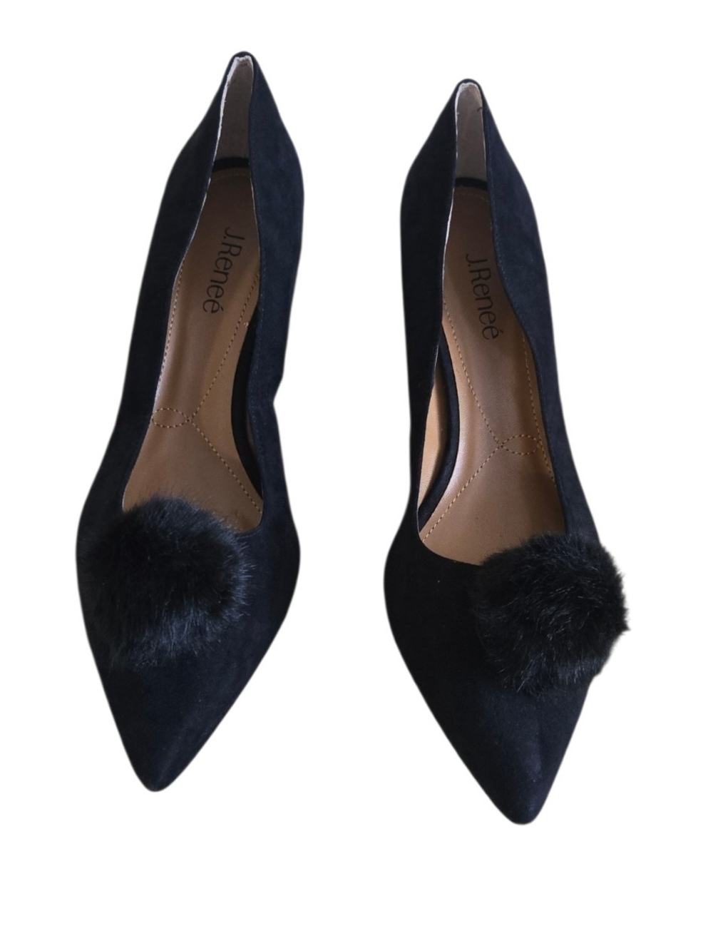 J. Renee Womens Black Suede Pointed Toe Faux Fur Pom Pom Kitten Heel Pumps S 12